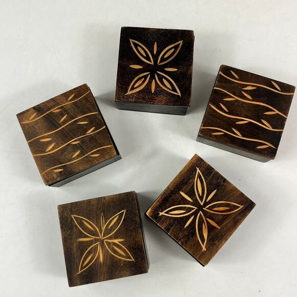 Safari Other - Safari Trinket Boxes Lot of 5 Vtg Hand Carved Wood Floral Vine Tribal Decor Leaf
